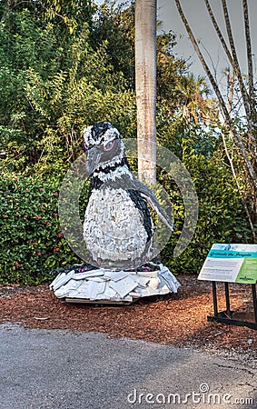 Gertrude the Penguin Sculpture made of garbage found in the ocean as part of the Washed Ashore art exhibit Editorial Stock Photo